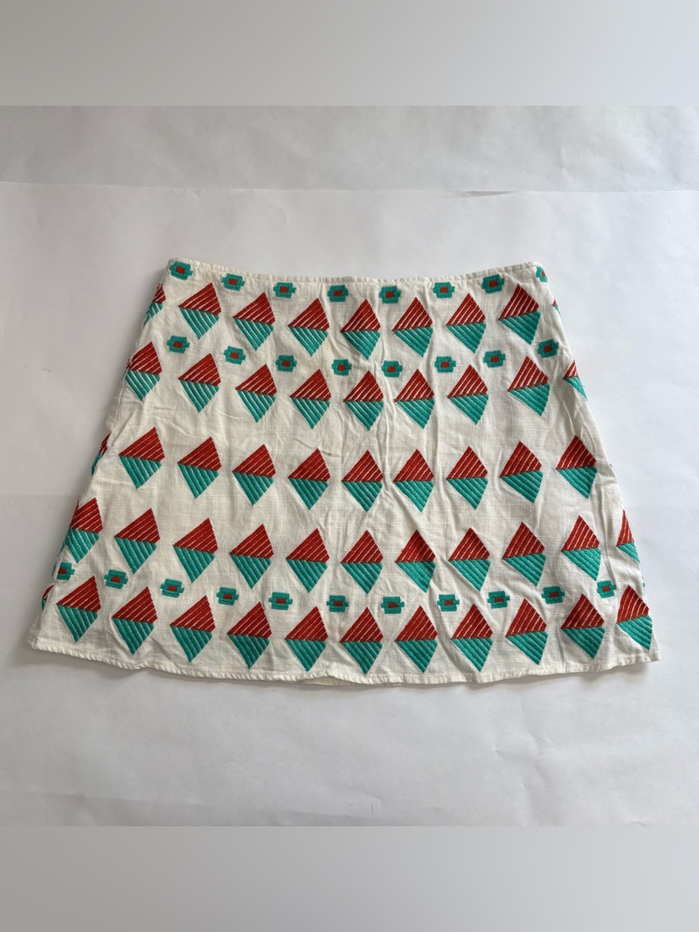 THML White A-Line Skirt with Red & Teal Geometric Embroidery